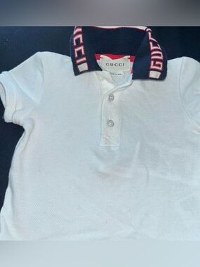 Gucci Kids White Polo with Navy and Pink Logo Collar